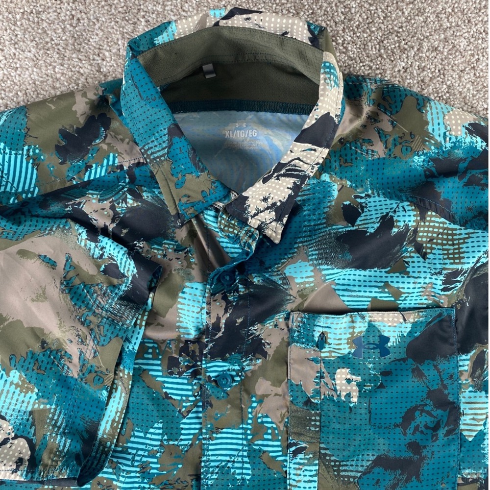 Under Armour Mens XL Tide Chaser Fishing Shirt Blue Green Camo SS 1376577 Unique